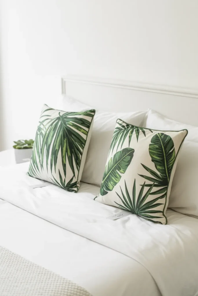 Tropical palm leaf print pillows on a bed