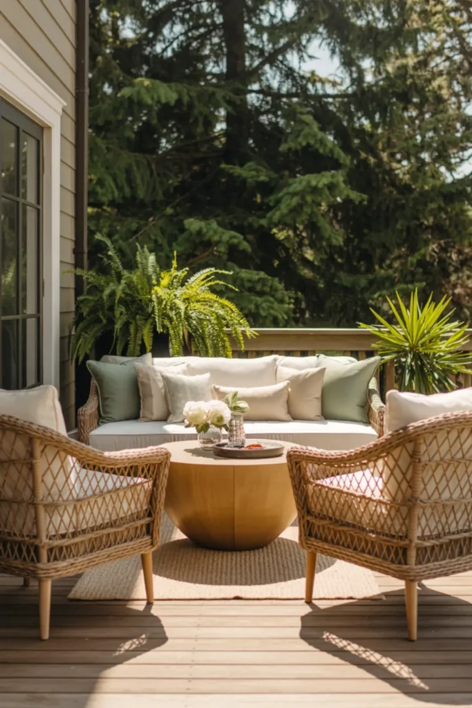 Cozy back deck conversation area with outdoor sofa, woven chairs, rug, pillows, and greenery