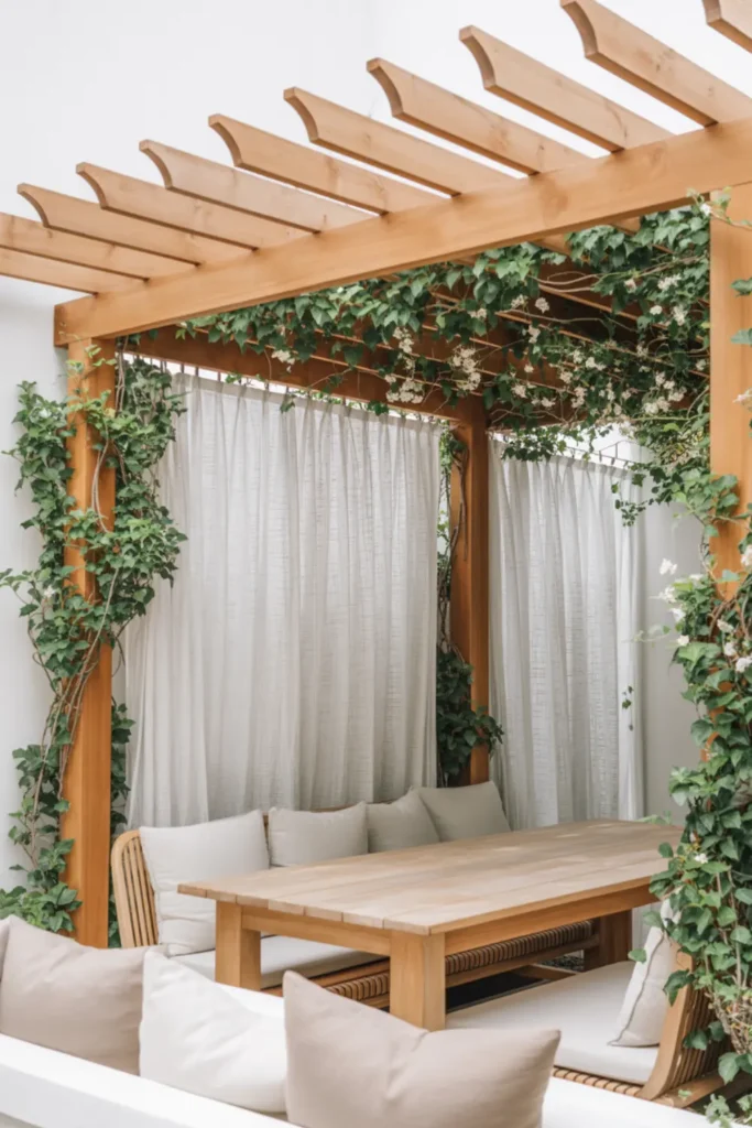 Back deck pergola with curtains, greenery, dining table, and cozy lounge chairs