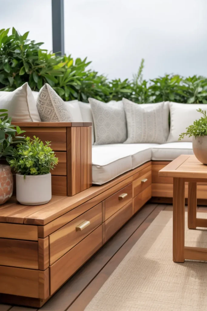 Compact back deck with built-in bench seating, hidden storage, cushions, and small table