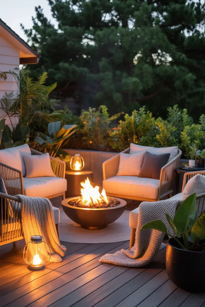 Cozy back deck with simple fire bowl, outdoor chairs, blankets, lanterns, and warm evening light