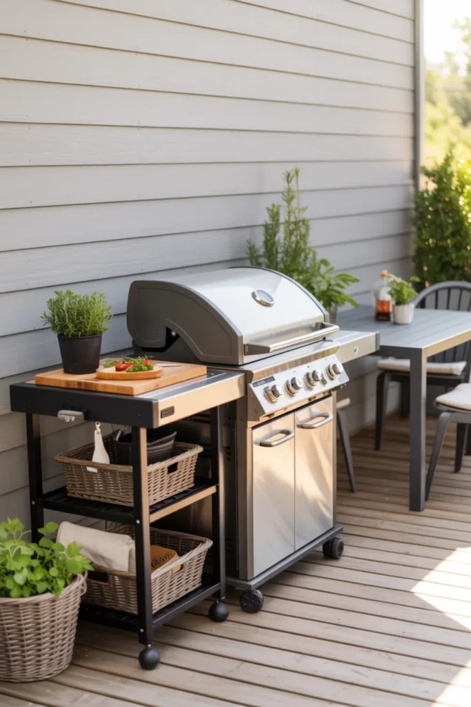 Back deck grill and prep station with compact cart, herbs, storage baskets, and dining table