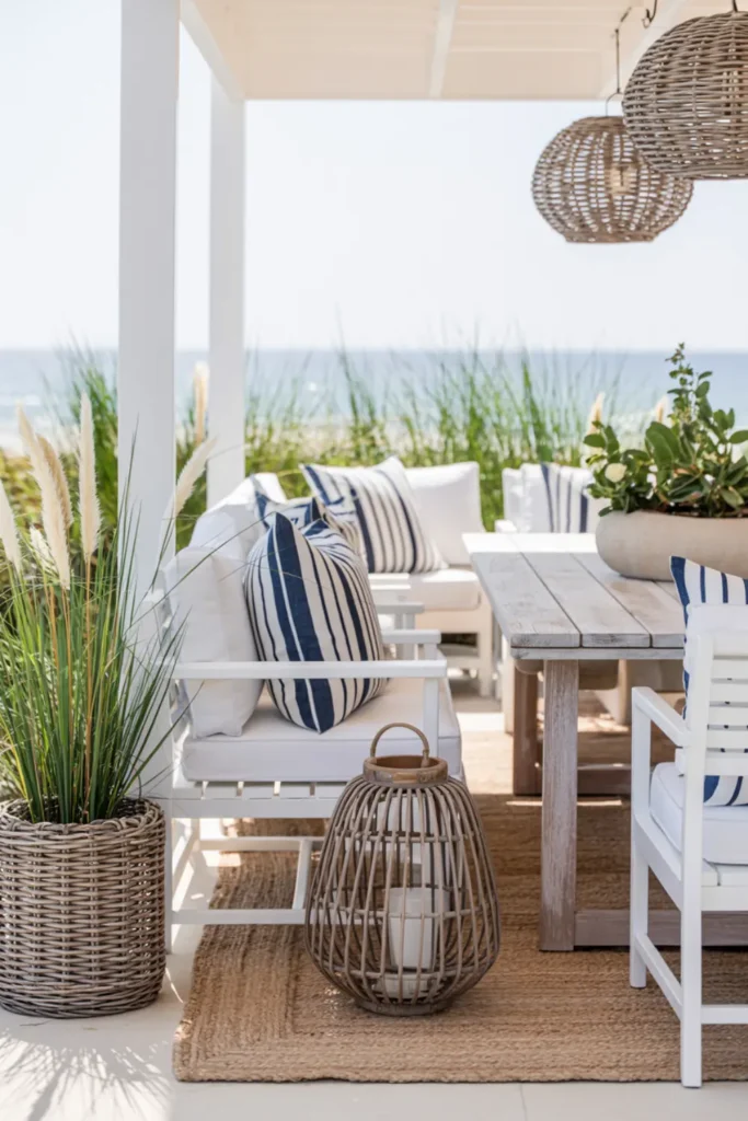 Coastal back deck with white chairs, blue pillows, woven lanterns, grasses, and light wood table