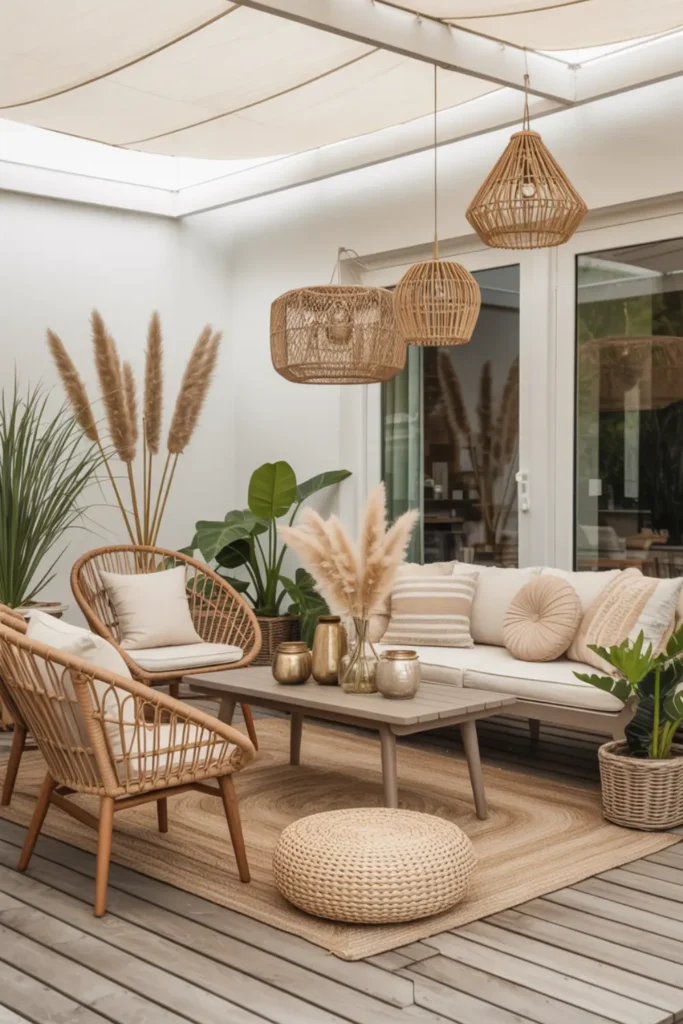 Boho back deck with rattan chairs, layered rugs, lanterns, pampas grass, and neutral cushions