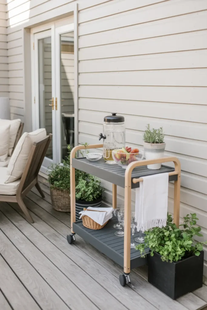 Back deck bar cart with drinks, fruit, herbs, napkins, and nearby lounge seating