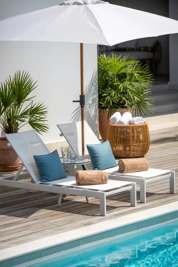 Poolside back deck with lounge chairs, white umbrella, towel basket, side table, and potted palms