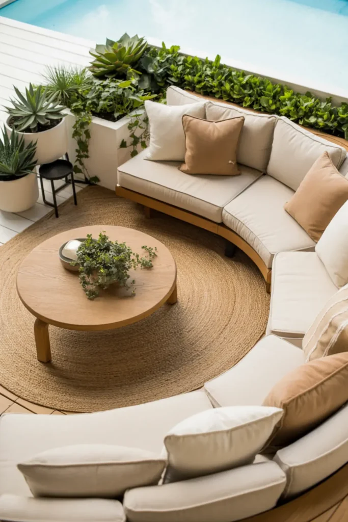 Back deck with curved outdoor seating, round coffee table, circular rug, and lush planters