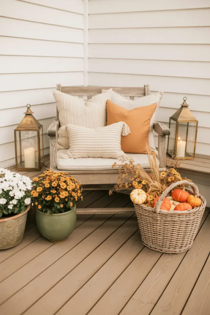 Seasonal back deck corner with bench, lanterns, pillows, flowers, basket, and subtle fall decor