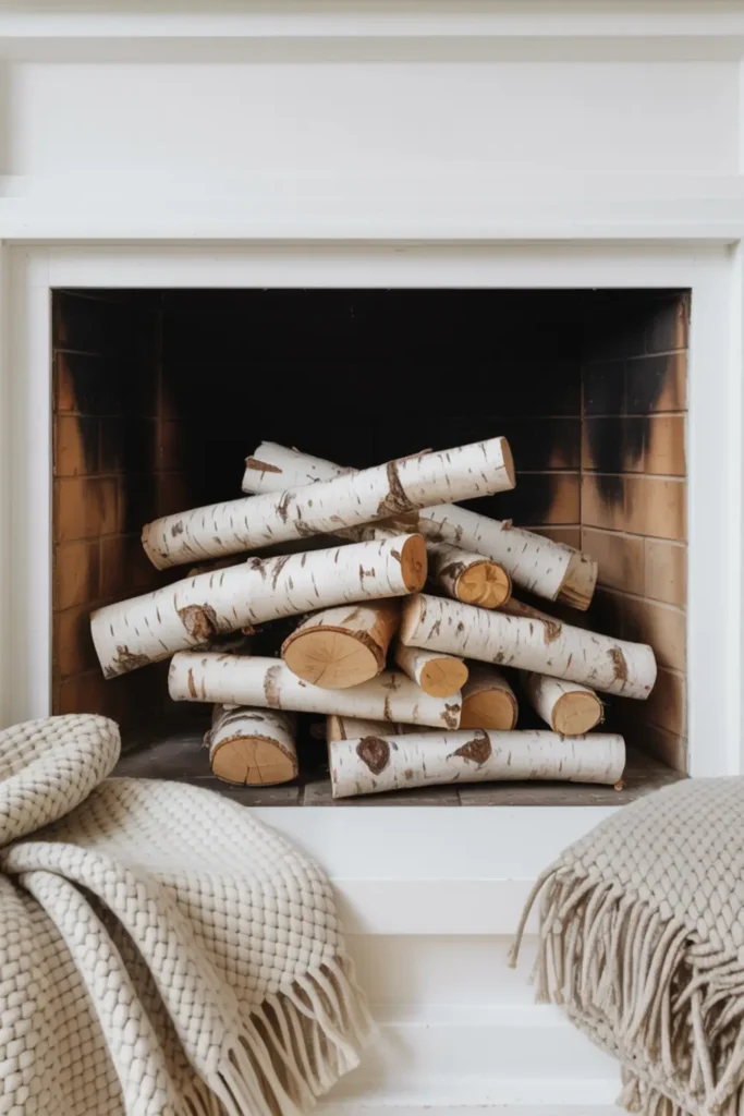 Stacked Birch Wood in the Firebox