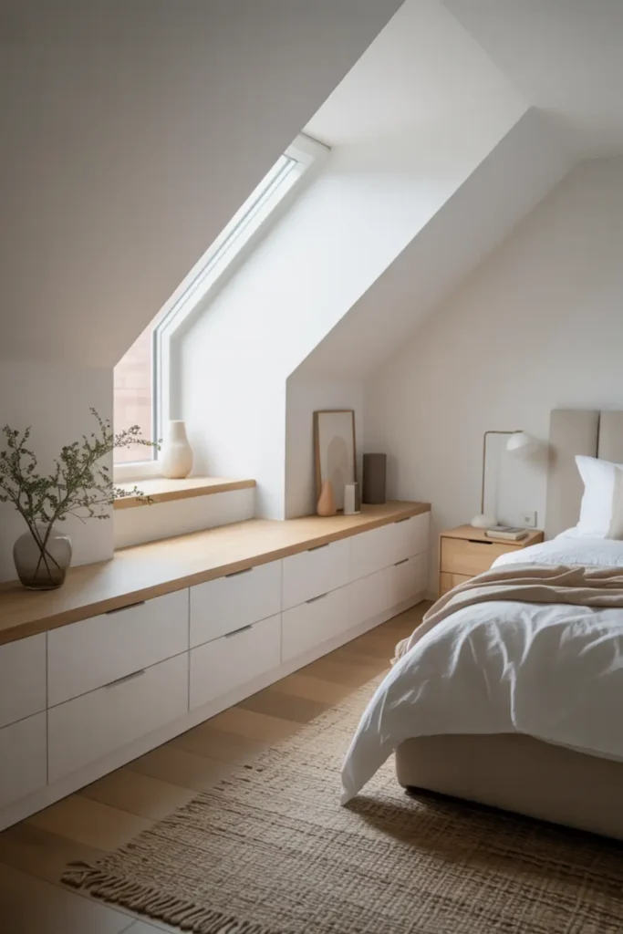 Custom built-in drawers in attic knee walls for bedroom storage.