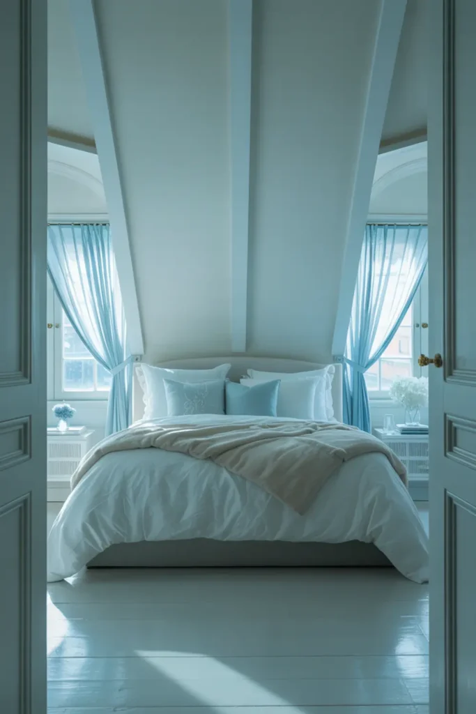 Bed positioned symmetrically between two attic dormer windows