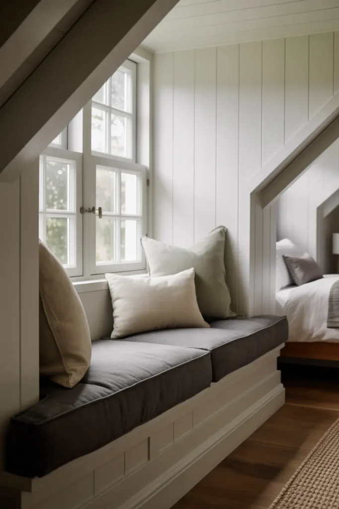 Custom built-in window seat with cushions in an attic dormer.