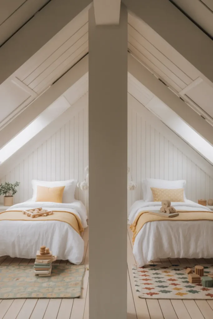 Two twin beds placed symmetrically in a kids sloped attic bedroom.