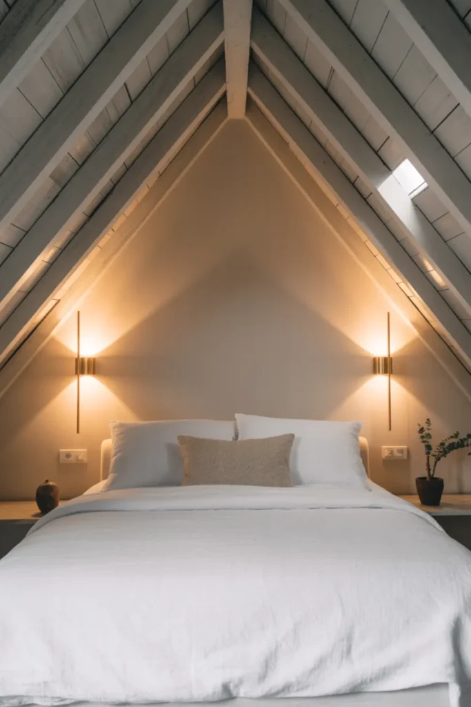 Brass wall sconces mounted on sloped attic walls beside a bed.