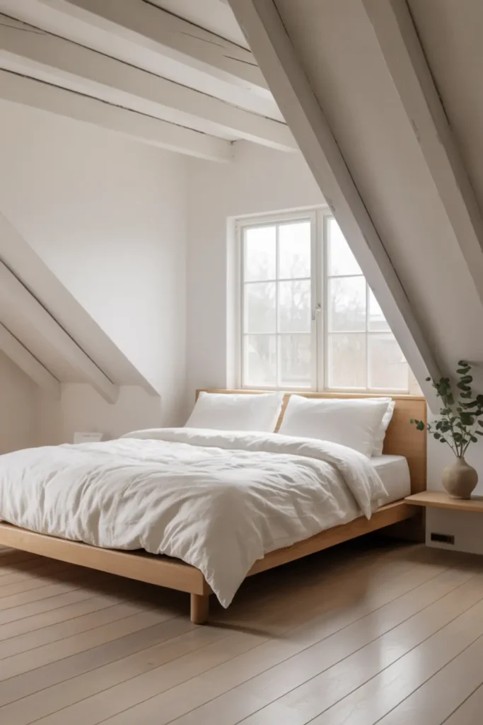 Clean and uncluttered Scandinavian minimalist attic bedroom.