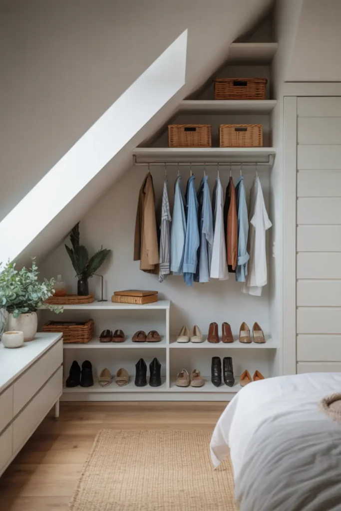 Open closet clothing rack built into the low eaves of an attic.