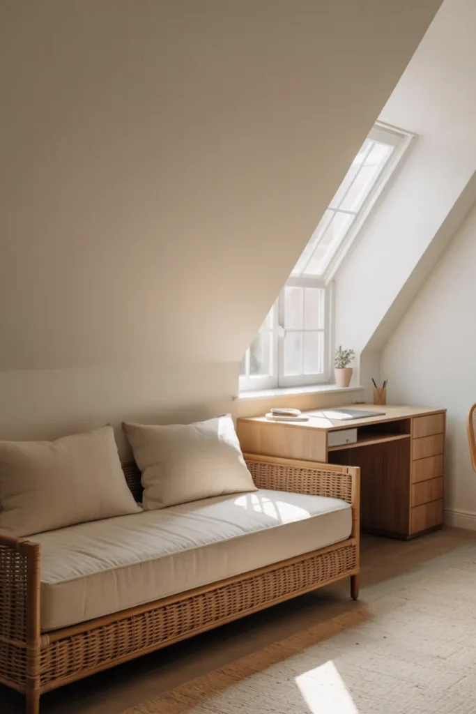 Rattan daybed in a dual-purpose attic office and guest bedroom.