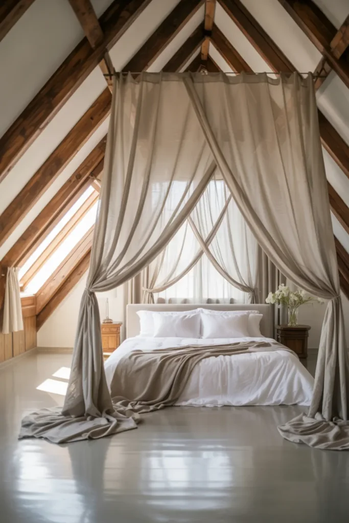 Sheer canopy curtains hung from a sloped ceiling around a bed.
