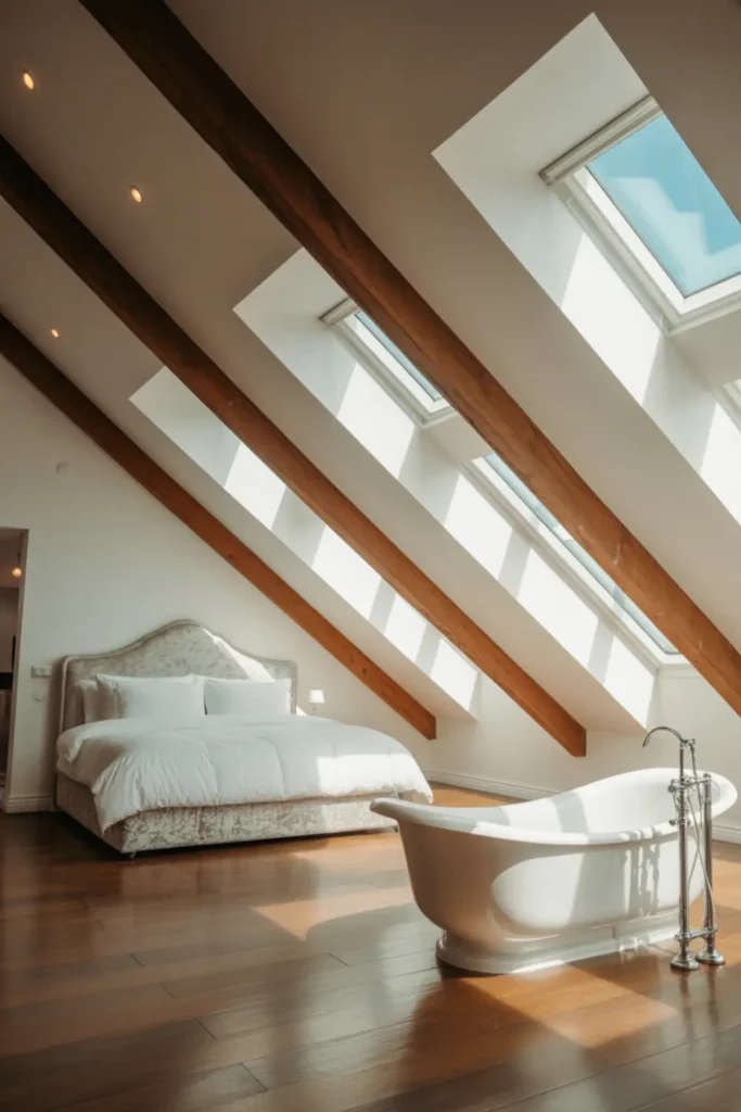 Freestanding white soaking tub in a large luxurious attic bedroom suite.