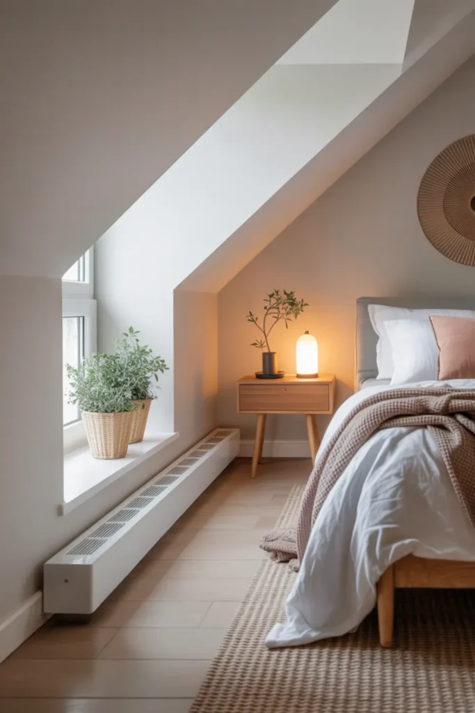 Sleek low-profile baseboard heater integrated into an attic bedroom knee wall.