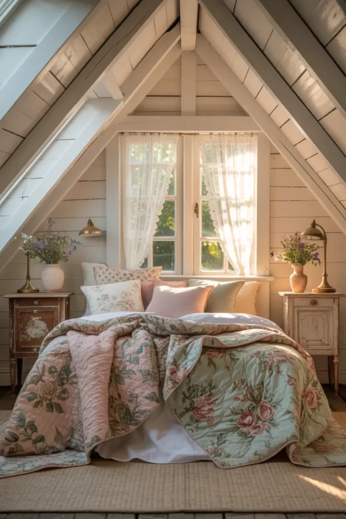 Cottagecore attic bedroom with vintage floral quilts and antique furniture