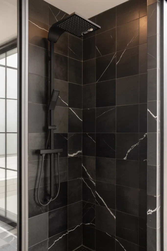 Luxurious shower featuring black marble tiles with white veining.