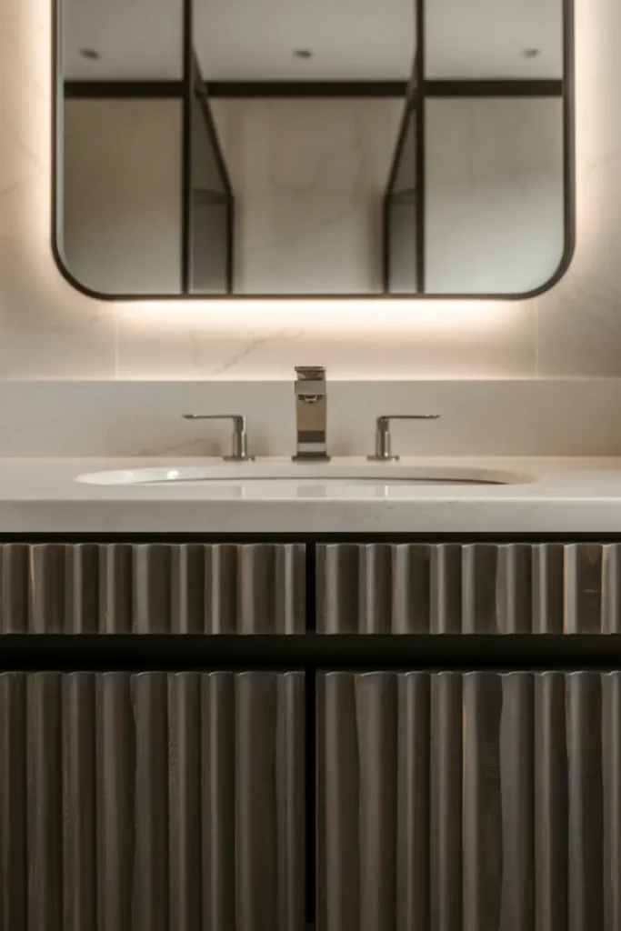  Modern bathroom featuring a matte black fluted wood vanity.