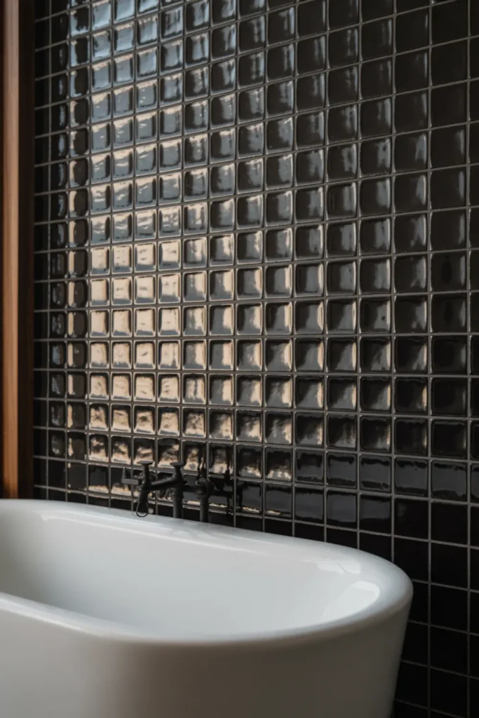 Bathroom wall covered in reflective glossy black Zellige tiles behind a white tub.