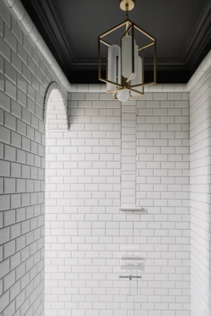Bright bathroom with white walls contrasting with a bold black painted ceiling.