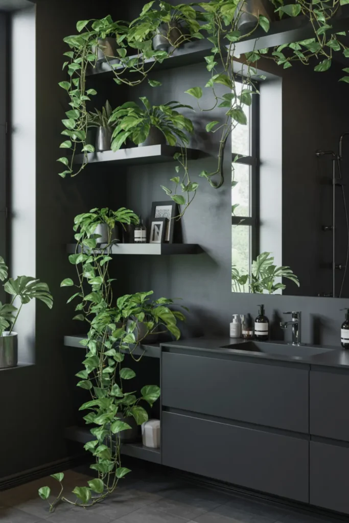 Dark moody bathroom softened by lush green hanging plants.