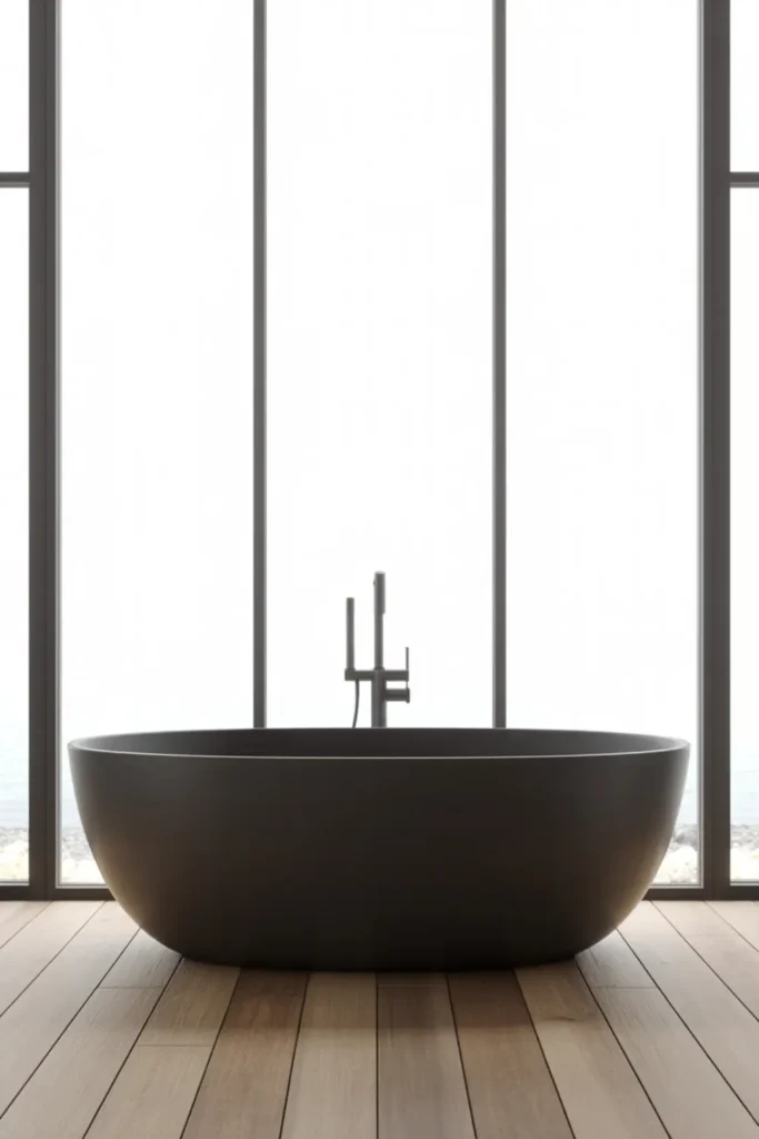  Sleek matte black freestanding bathtub resting on light oak wood floors.