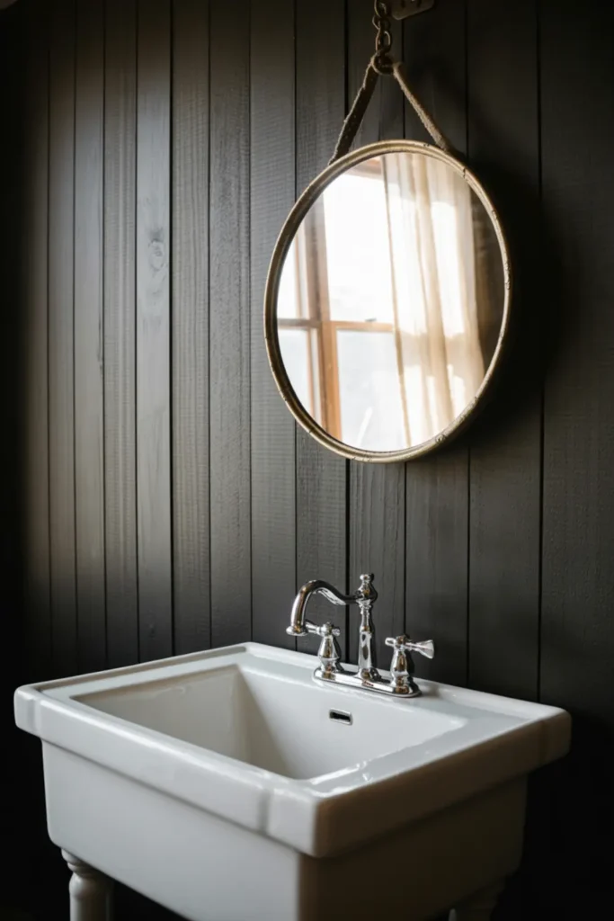  Modern farmhouse bathroom featuring black vertical shiplap walls.