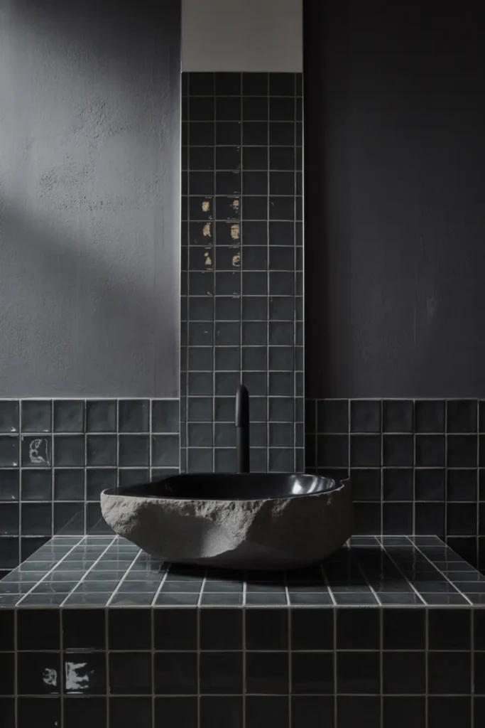  Minimalist bathroom blending matte black walls with glossy black tiles.