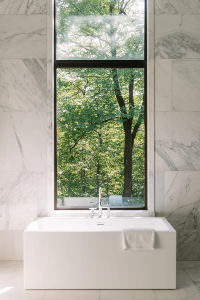 Bright white bathroom featuring a large black steel-framed window.