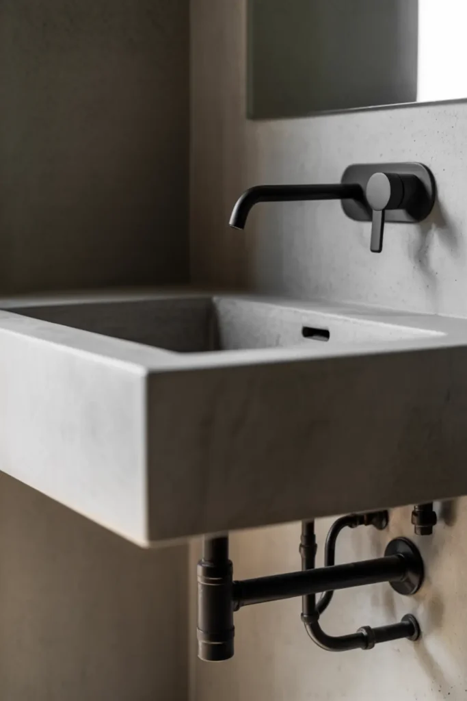 Industrial bathroom with a concrete sink and exposed matte black plumbing underneath.
