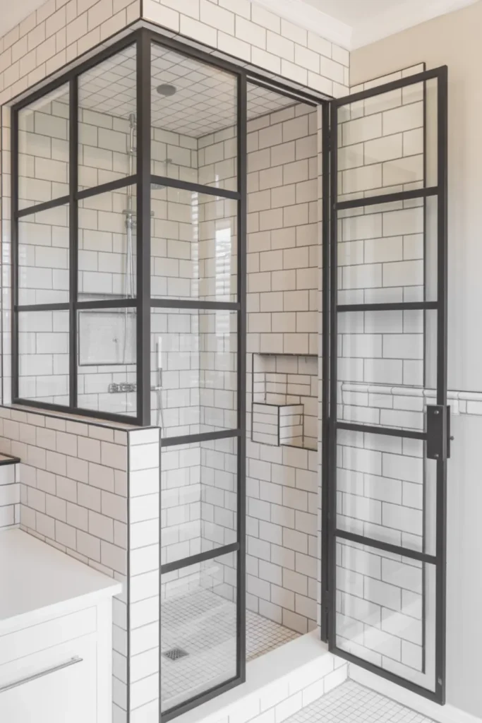 Walk-in shower featuring a black metal grid Crittall-style glass enclosure.