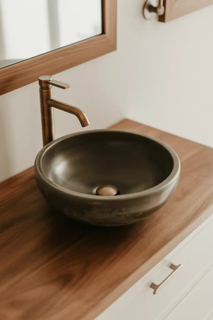 Raw matte black concrete vessel sink resting on a warm walnut wood bathroom counter.