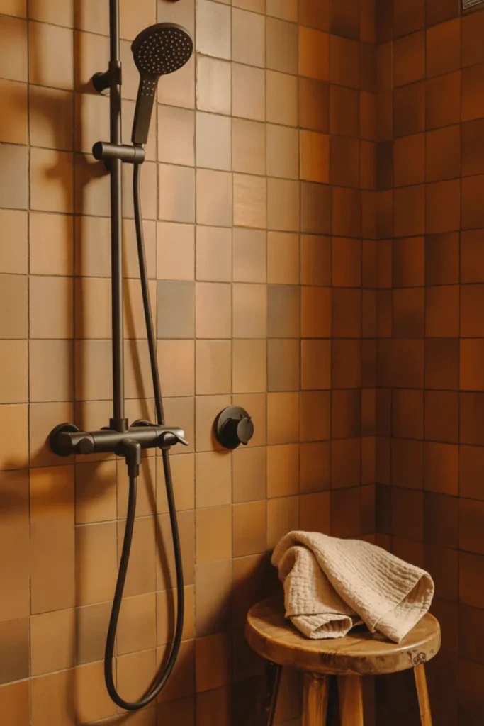 Matte black shower fixtures contrasting against warm earthy terracotta wall tiles.