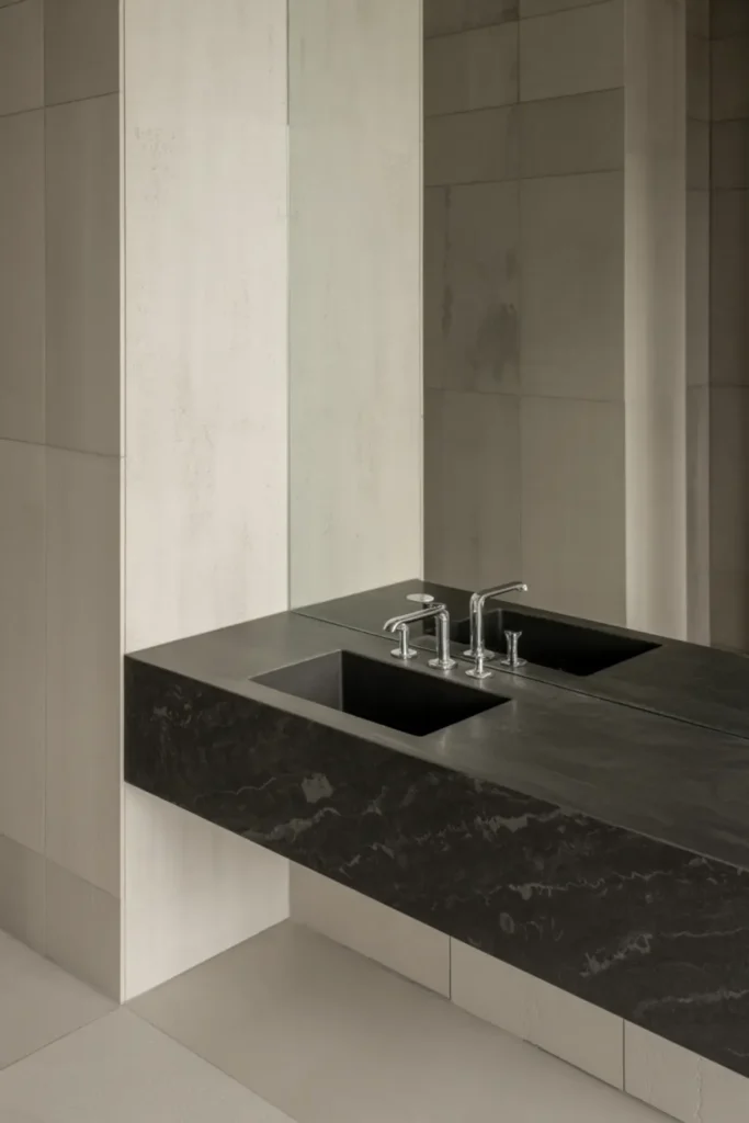 Thick floating vanity made of a solid slab of black granite against grey concrete walls.