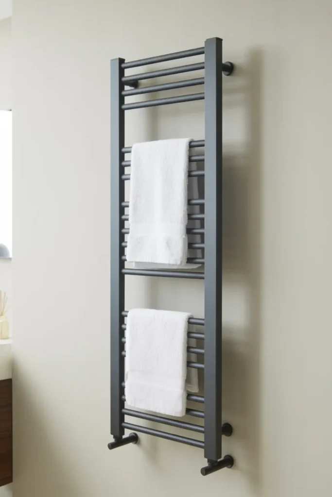 Sleek matte black heated towel warmer mounted on a neutral bathroom wall holding white towels.