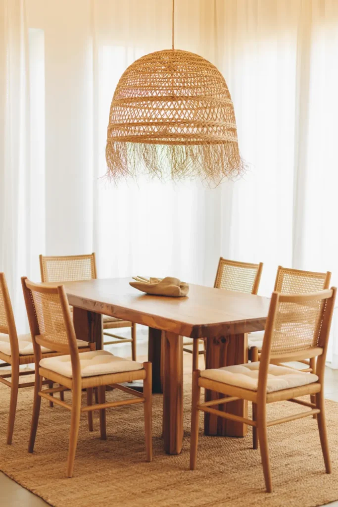 Boho dining room with rattan pendant light over a natural wood table