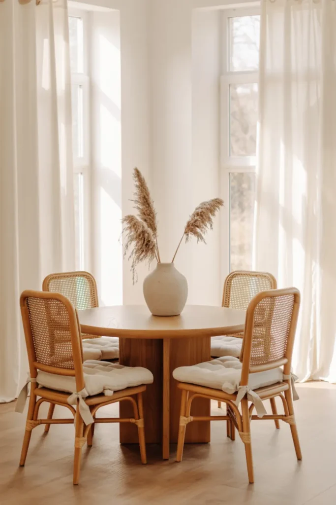 Cane dining chairs with a warm wood table in a modern boho dining room