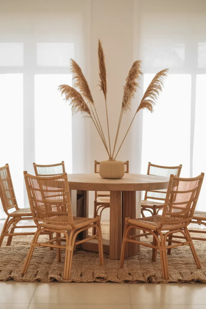  Boho dining room with round table and large jute rug
