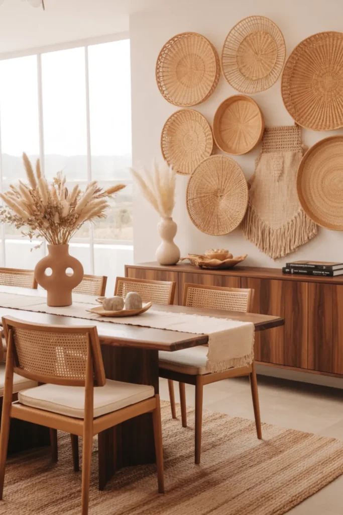  Woven basket wall decor above a boho dining room sideboard