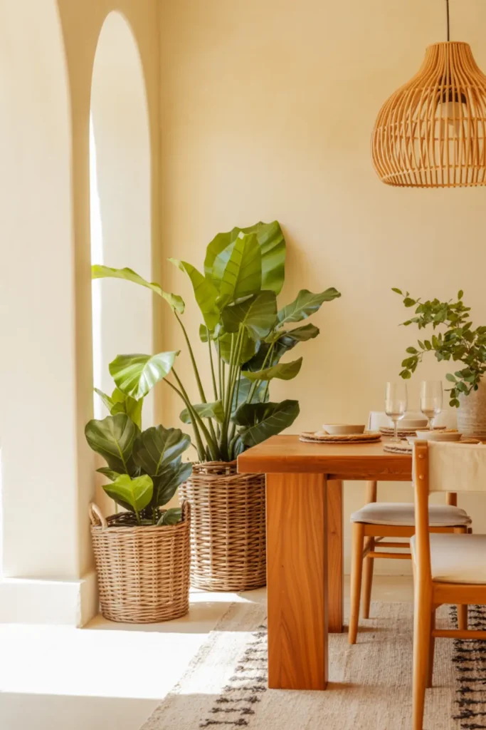 Boho dining room with indoor plants in woven baskets