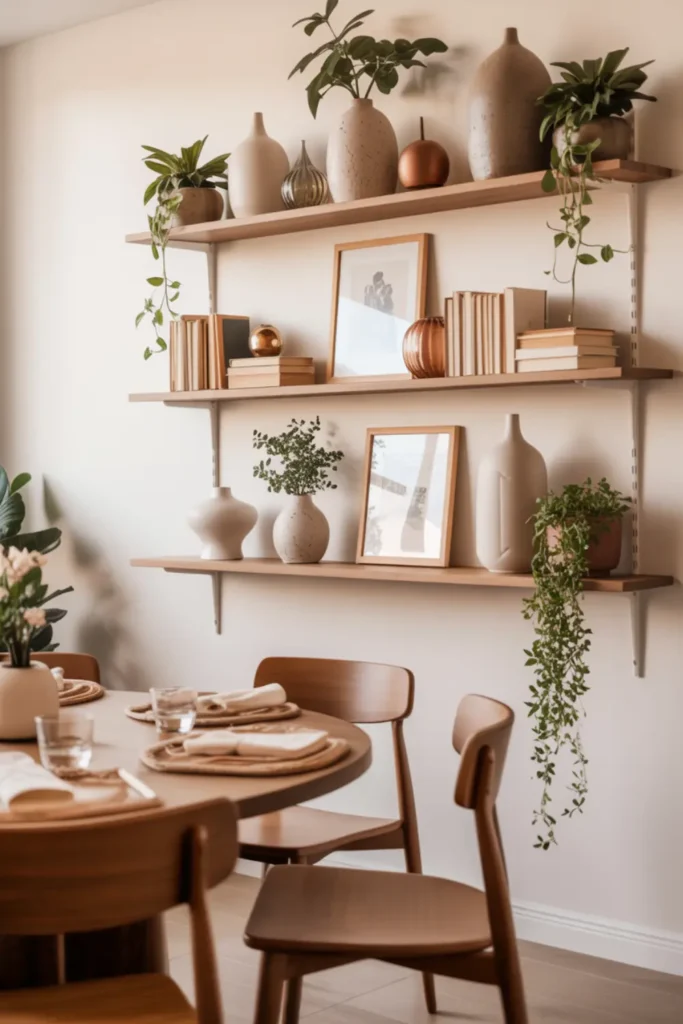  Floating shelves styled with plants and ceramics in a boho dining room
