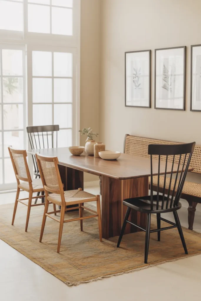  Mixed dining chairs around a boho wood dining table