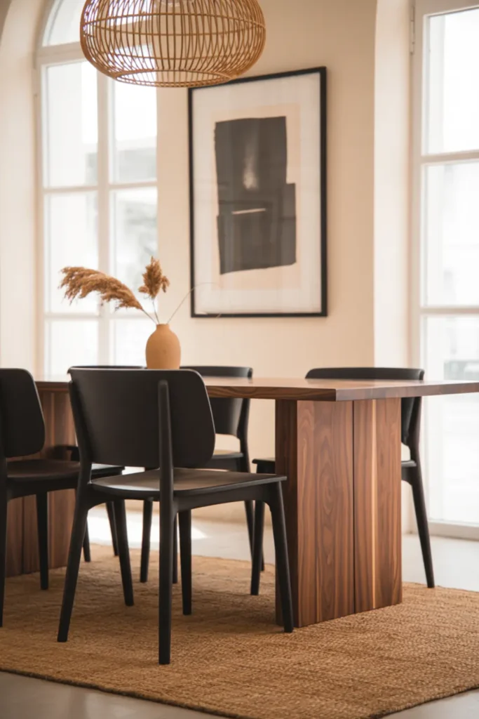 Modern boho dining room with black chairs and rattan pendant