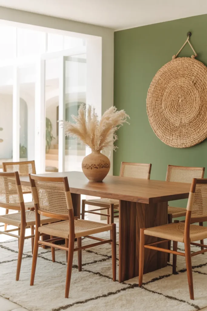 Sage green boho dining room with cane chairs and woven wall decor