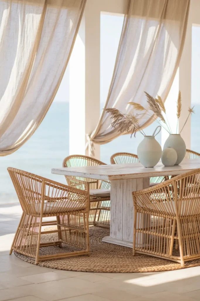 Coastal boho dining room with whitewashed table and rattan chairs